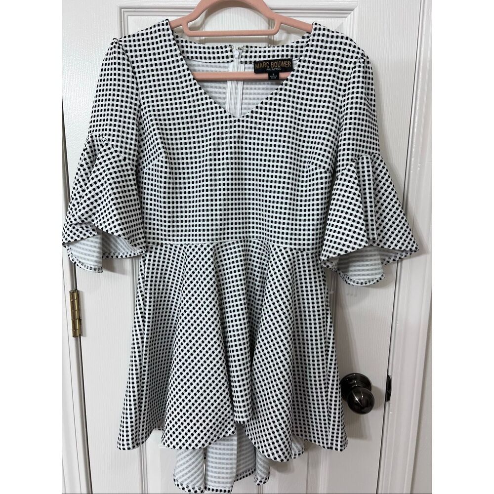 Marc Bouwer Women's Checkered Flutter Sleeve Peplum Top Black White Size Small